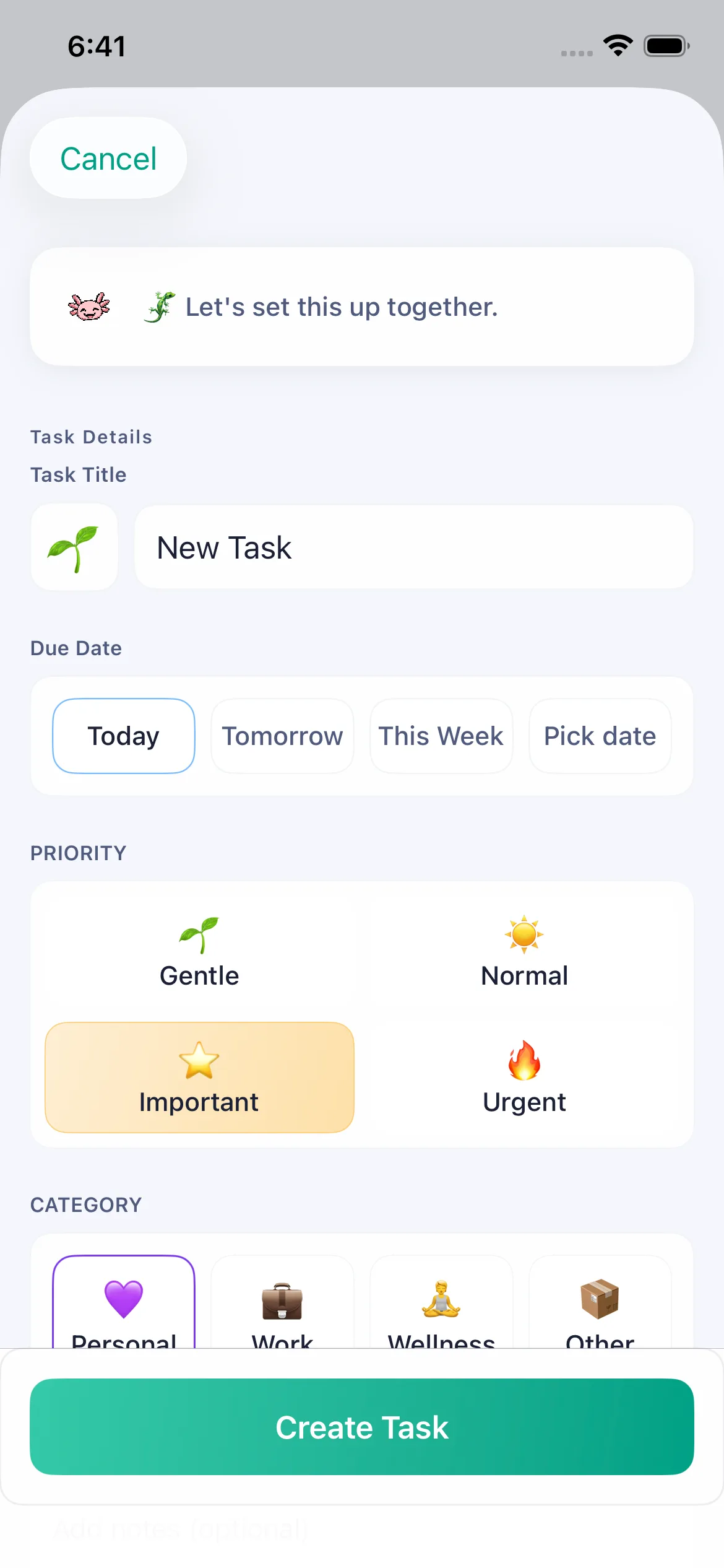 The Create Task screen with the heading Let's set this up together, a task title, a due date, gentle priority options, and a Create Task button.