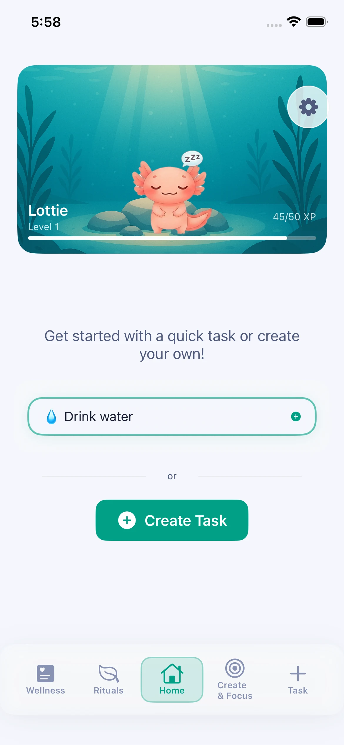 Lottie's home screen: the companion resting in its habitat, a level and XP bar, and a quick task to get started.